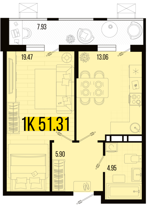 1-комнатная квартира №152 51,31 м2 от застройщика ГК ТОЧНО
