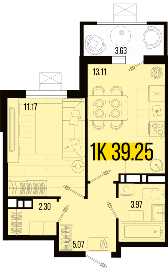 1-комнатная квартира №158 39,25 м2 от застройщика ГК ТОЧНО