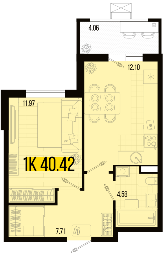 1-комнатная квартира №2 40,42 м2 от застройщика ГК ТОЧНО