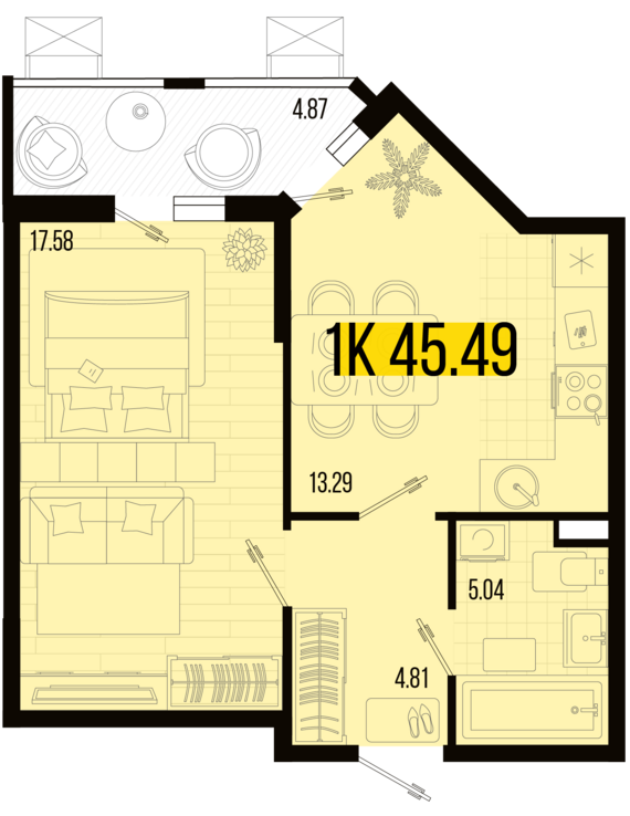 1-комнатная квартира №8 45,59 м2 от застройщика ГК ТОЧНО