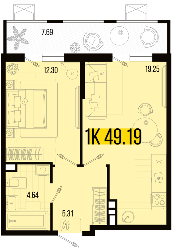 1-комнатная квартира №63 49,19 м2 от застройщика ГК ТОЧНО