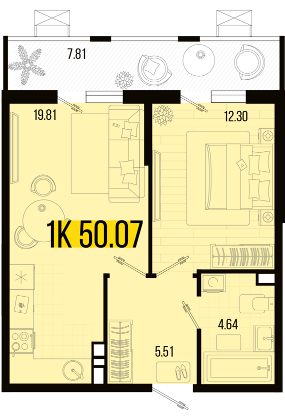 1-комнатная квартира №64 50,07 м2 от застройщика ГК ТОЧНО