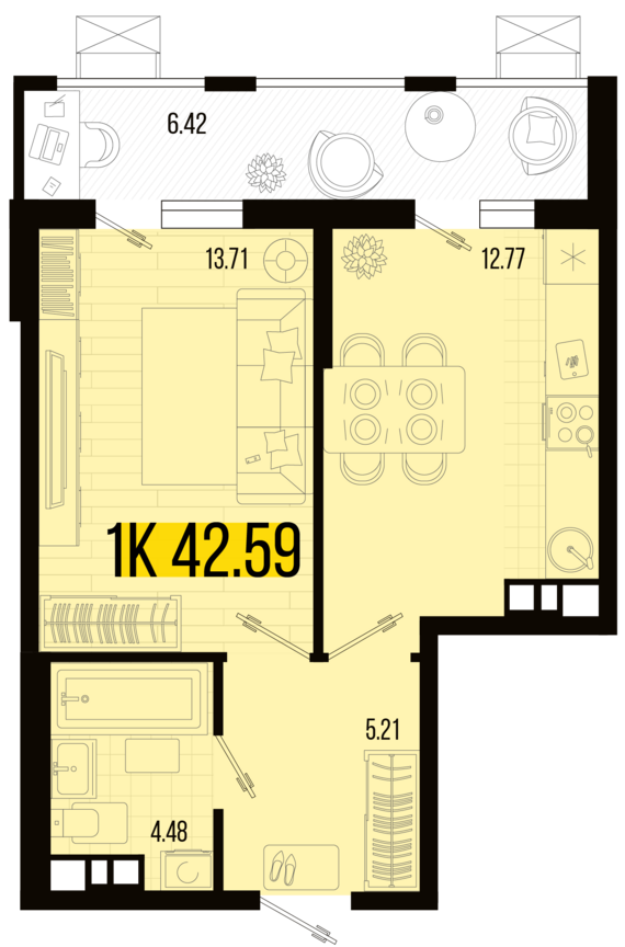 1-комнатная квартира №66 42,59 м2 от застройщика ГК ТОЧНО