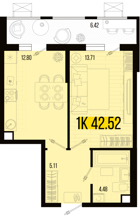 1-комнатная квартира №106 42,52 м2 от застройщика ГК ТОЧНО