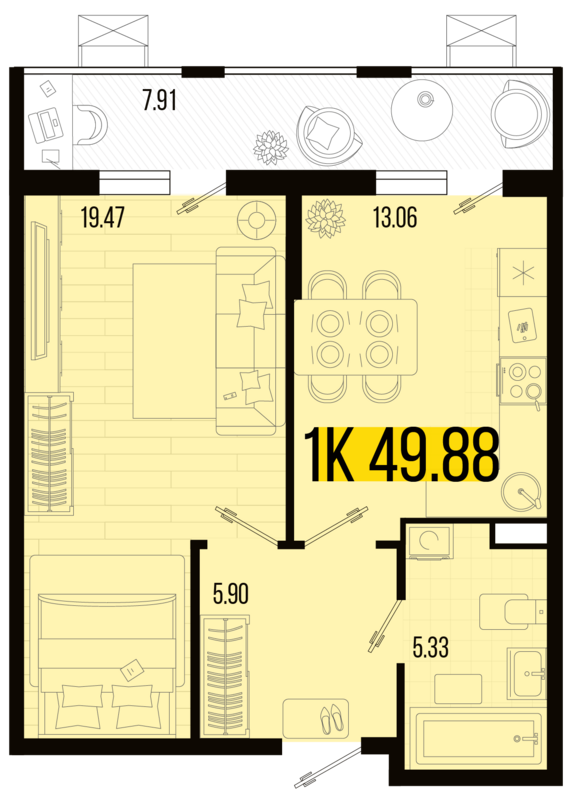 1-комнатная квартира №109 49,88 м2 от застройщика ГК ТОЧНО