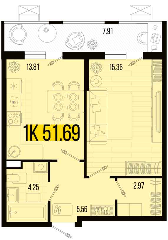 1-комнатная квартира №110 51,69 м2 от застройщика ГК ТОЧНО