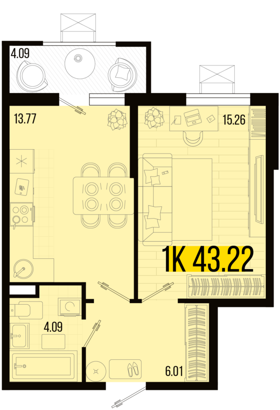 1-комнатная квартира №2 43,22 м2 от застройщика ГК ТОЧНО
