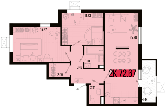 2-комнатная квартира №3 72,67 м2 от застройщика ГК ТОЧНО