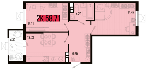 2-комнатная квартира №16 58,71 м2 от застройщика ГК ТОЧНО