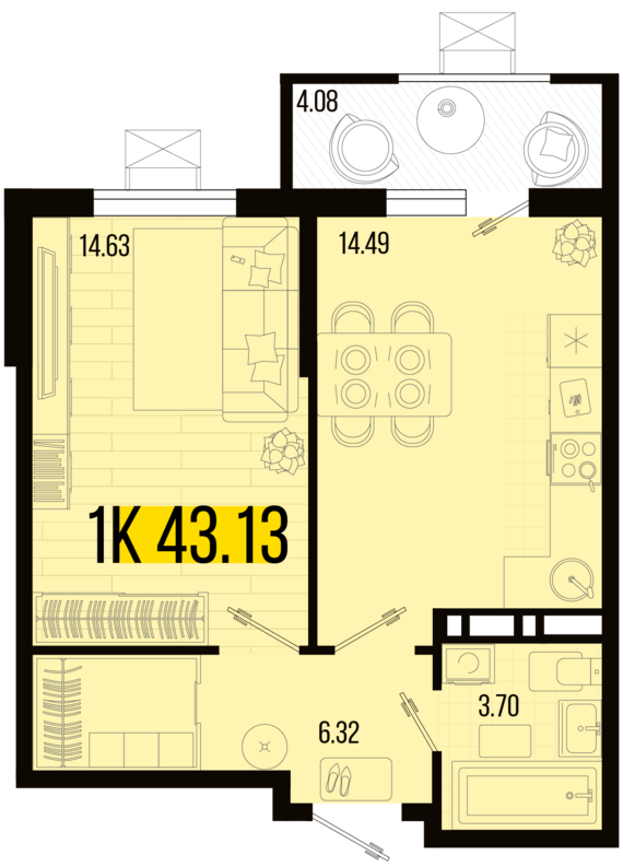 1-комнатная квартира №5 41,09 м2 от застройщика ГК ТОЧНО