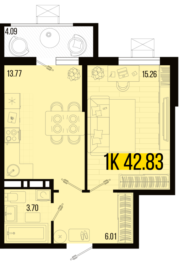 1-комнатная квартира №6 40,79 м2 от застройщика ГК ТОЧНО