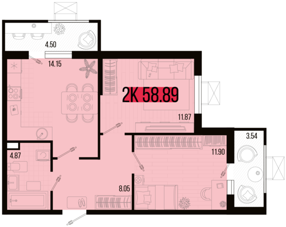 2-комнатная квартира №32 58,89 м2 от застройщика ГК ТОЧНО