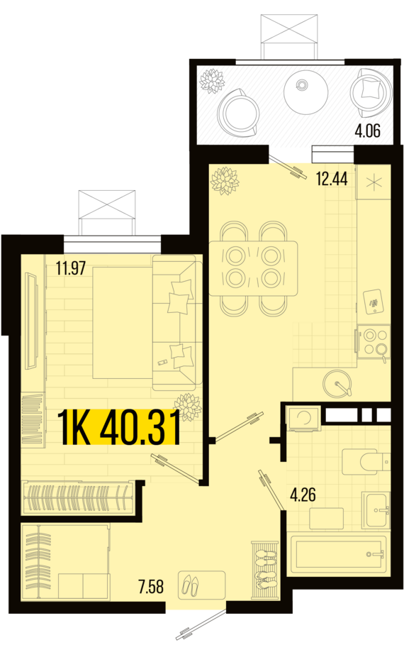 1-комнатная квартира №33 40,31 м2 от застройщика ГК ТОЧНО