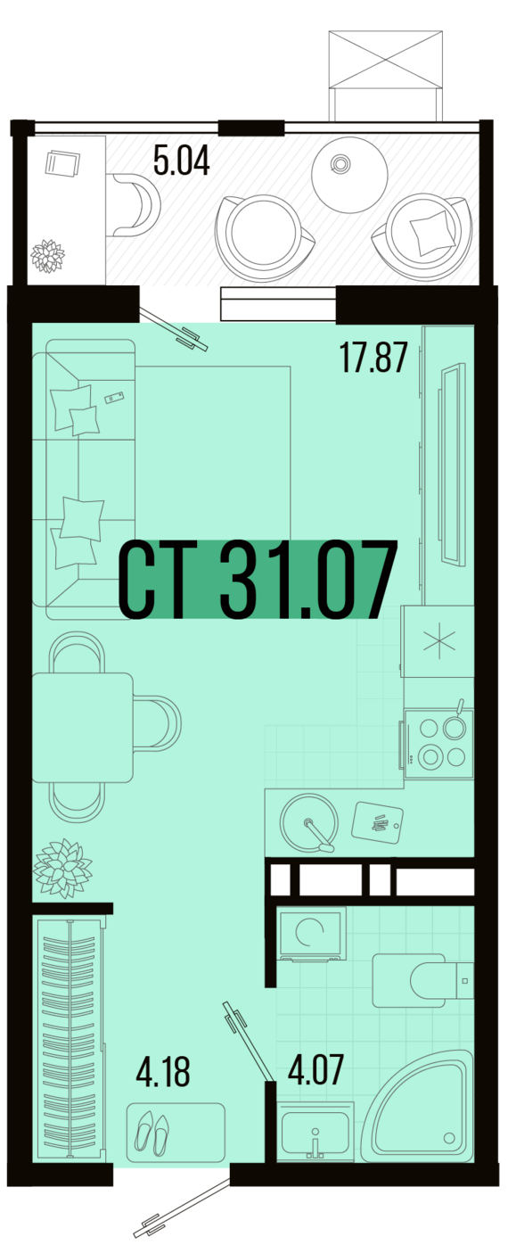Студия №35 31,07 м2 от застройщика ГК ТОЧНО