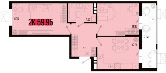 2-комнатная квартира №37 59,95 м2 от застройщика ГК ТОЧНО
