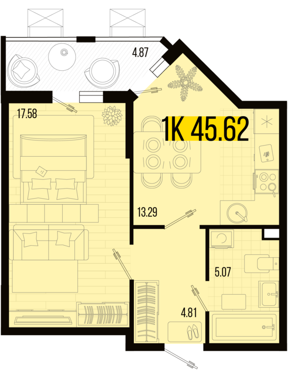 1-комнатная квартира №39 45,62 м2 от застройщика ГК ТОЧНО