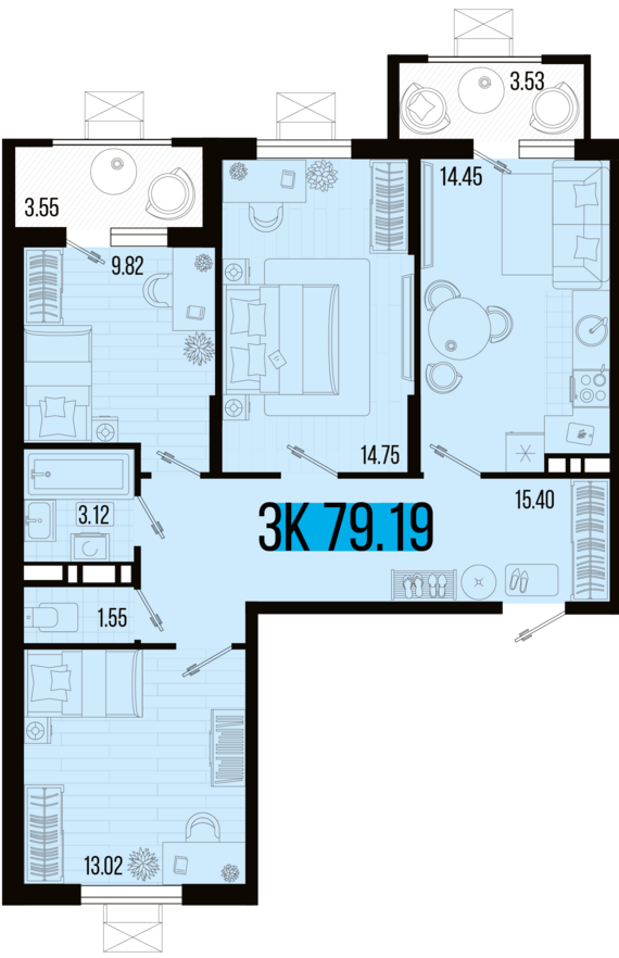 3-комнатная квартира №40 79,19 м2 от застройщика ГК ТОЧНО