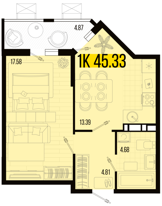 1-комнатная квартира №48 45,33 м2 от застройщика ГК ТОЧНО