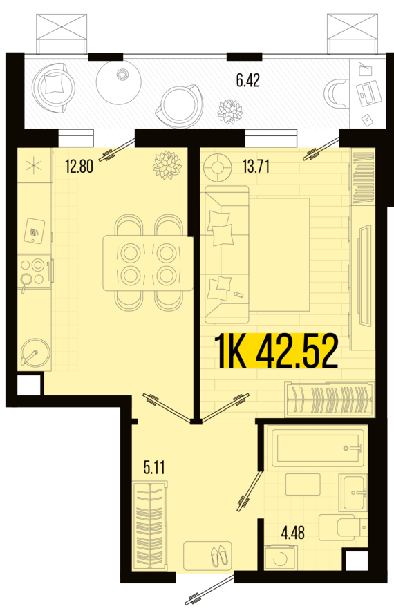 1-комнатная квартира №103 42,52 м2 от застройщика ГК ТОЧНО