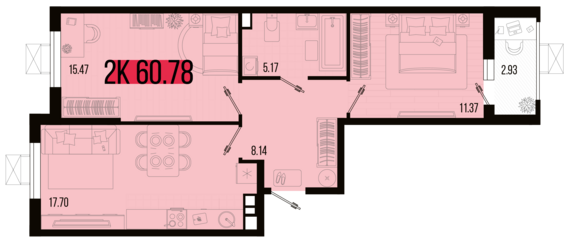 2-комнатная квартира №104 60,78 м2 от застройщика ГК ТОЧНО