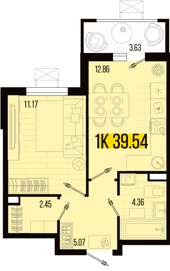1-комнатная квартира №105 39,54 м2 от застройщика ГК ТОЧНО
