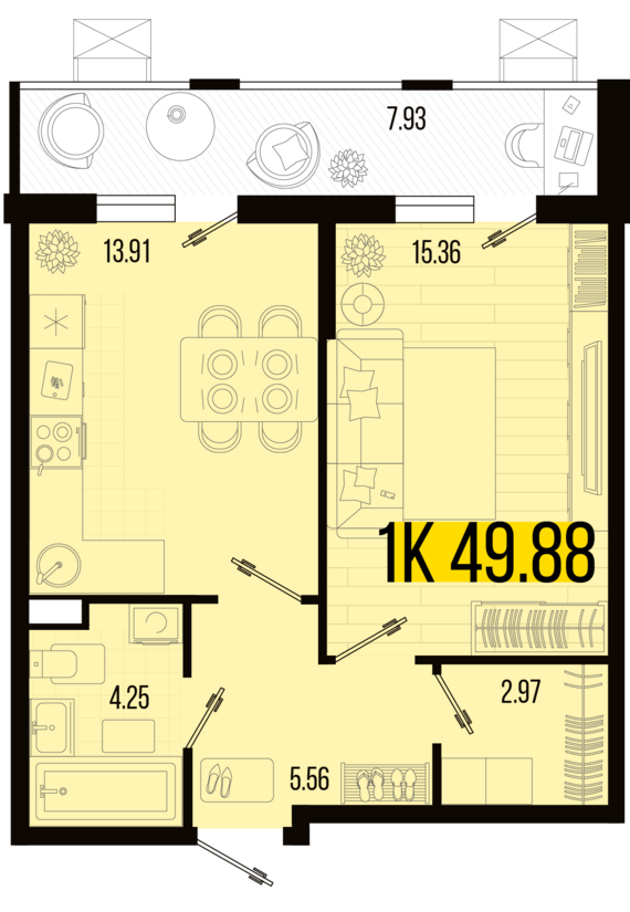 1-комнатная квартира №106 49,88 м2 от застройщика ГК ТОЧНО