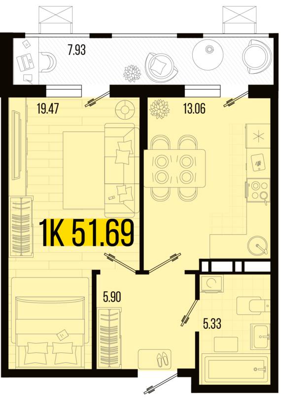 1-комнатная квартира №107 51,69 м2 от застройщика ГК ТОЧНО