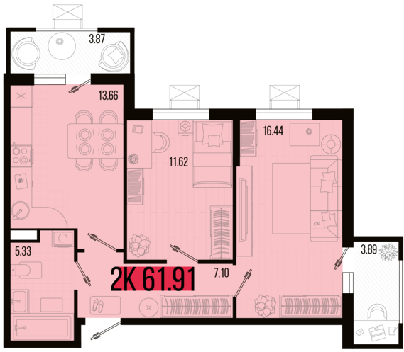 2-комнатная квартира №108 61,91 м2 от застройщика ГК ТОЧНО
