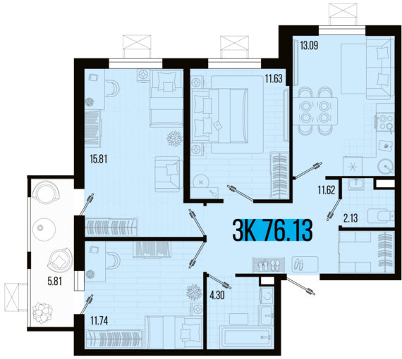 3-комнатная квартира №109 76,13 м2 от застройщика ГК ТОЧНО