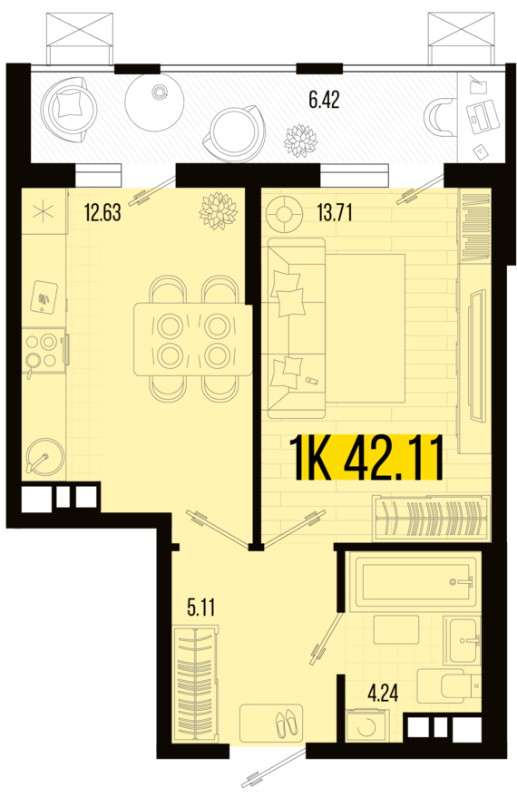 1-комнатная квартира №164 42,11 м2 от застройщика ГК ТОЧНО