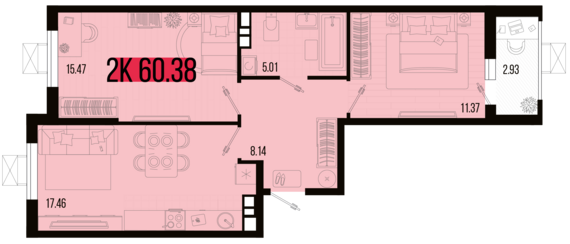 2-комнатная квартира №165 60,38 м2 от застройщика ГК ТОЧНО