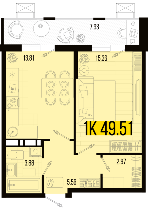 1-комнатная квартира №113 49,51 м2 от застройщика ГК ТОЧНО