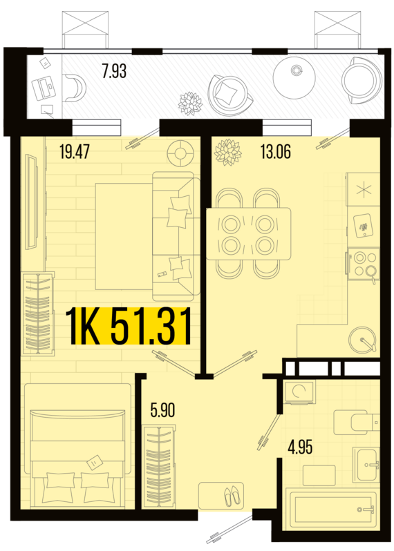 1-комнатная квартира №132 51,31 м2 от застройщика ГК ТОЧНО
