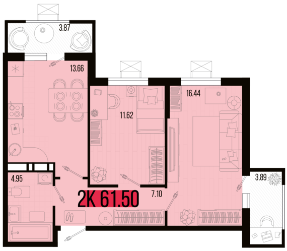 2-комнатная квартира №115 61,5 м2 от застройщика ГК ТОЧНО