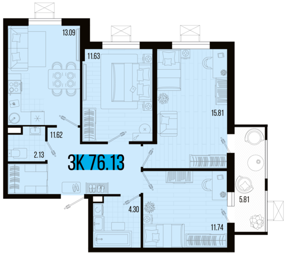 3-комнатная квартира №1 76,13 м2 от застройщика ГК ТОЧНО