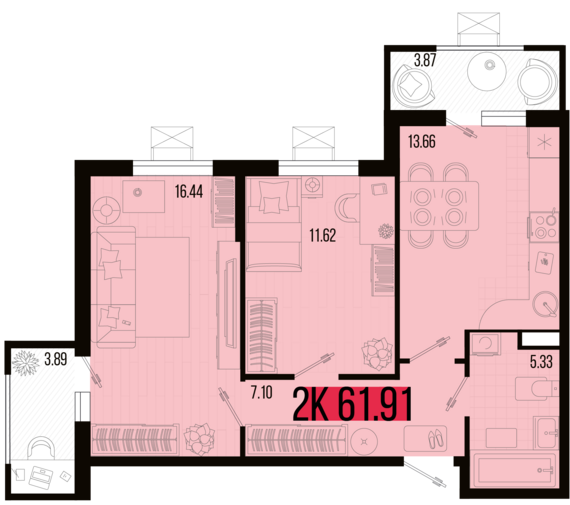 2-комнатная квартира №2 61,91 м2 от застройщика ГК ТОЧНО