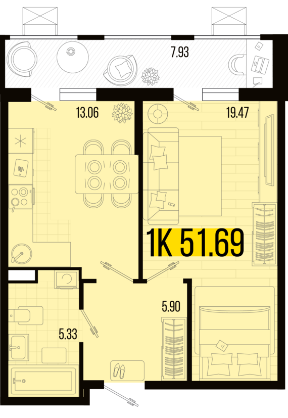 1-комнатная квартира №3 51,69 м2 от застройщика ГК ТОЧНО