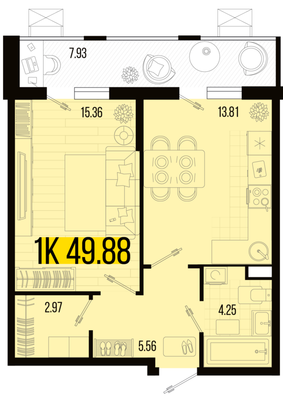 1-комнатная квартира №4 49,88 м2 от застройщика ГК ТОЧНО