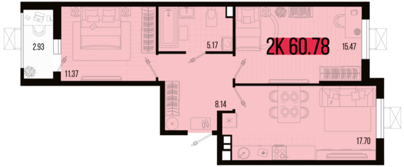 2-комнатная квартира №6 60,78 м2 от застройщика ГК ТОЧНО