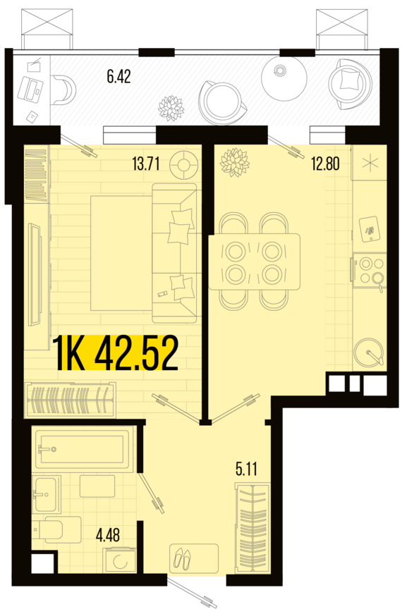 1-комнатная квартира №7 42,52 м2 от застройщика ГК ТОЧНО