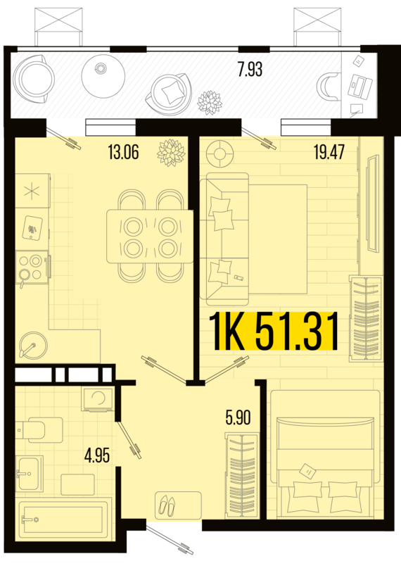 1-комнатная квартира №12 51,31 м2 от застройщика ГК ТОЧНО