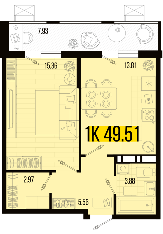 1-комнатная квартира №40 49,51 м2 от застройщика ГК ТОЧНО