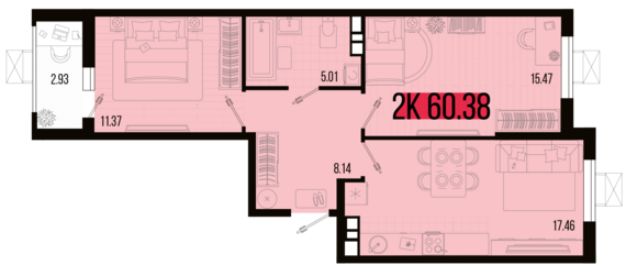 2-комнатная квартира №24 60,38 м2 от застройщика ГК ТОЧНО