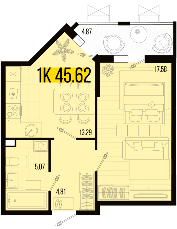 1-комнатная квартира №71 46,2 м2 от застройщика ГК ТОЧНО