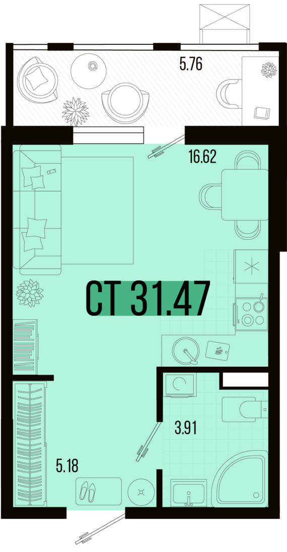 Студия №72 31,47 м2 от застройщика ГК ТОЧНО