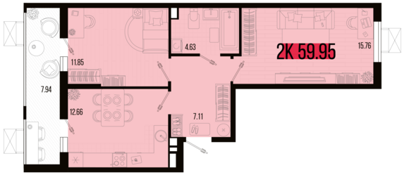 2-комнатная квартира №73 59,95 м2 от застройщика ГК ТОЧНО