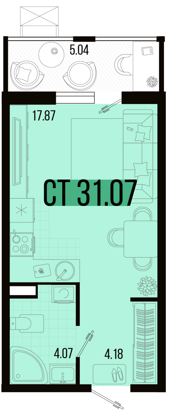 Студия №75 31,07 м2 от застройщика ГК ТОЧНО
