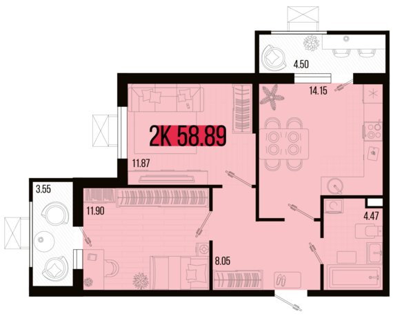2-комнатная квартира №78 58,89 м2 от застройщика ГК ТОЧНО