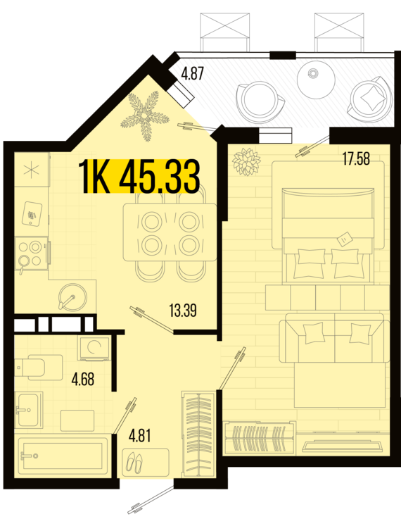 1-комнатная квартира №115 45,33 м2 от застройщика ГК ТОЧНО