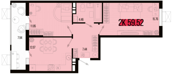 2-комнатная квартира №81 59,52 м2 от застройщика ГК ТОЧНО